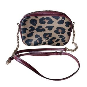 Coach Isla Crossbody Bag Leopard Print Burgundy Leather Gold Chain F36857 EUC